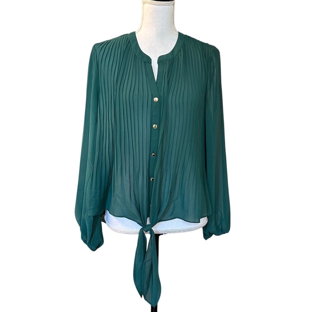 NEW Marc NY Button Down Tie Waist Pleated Blouse Women’s SZ S in Forest Biome